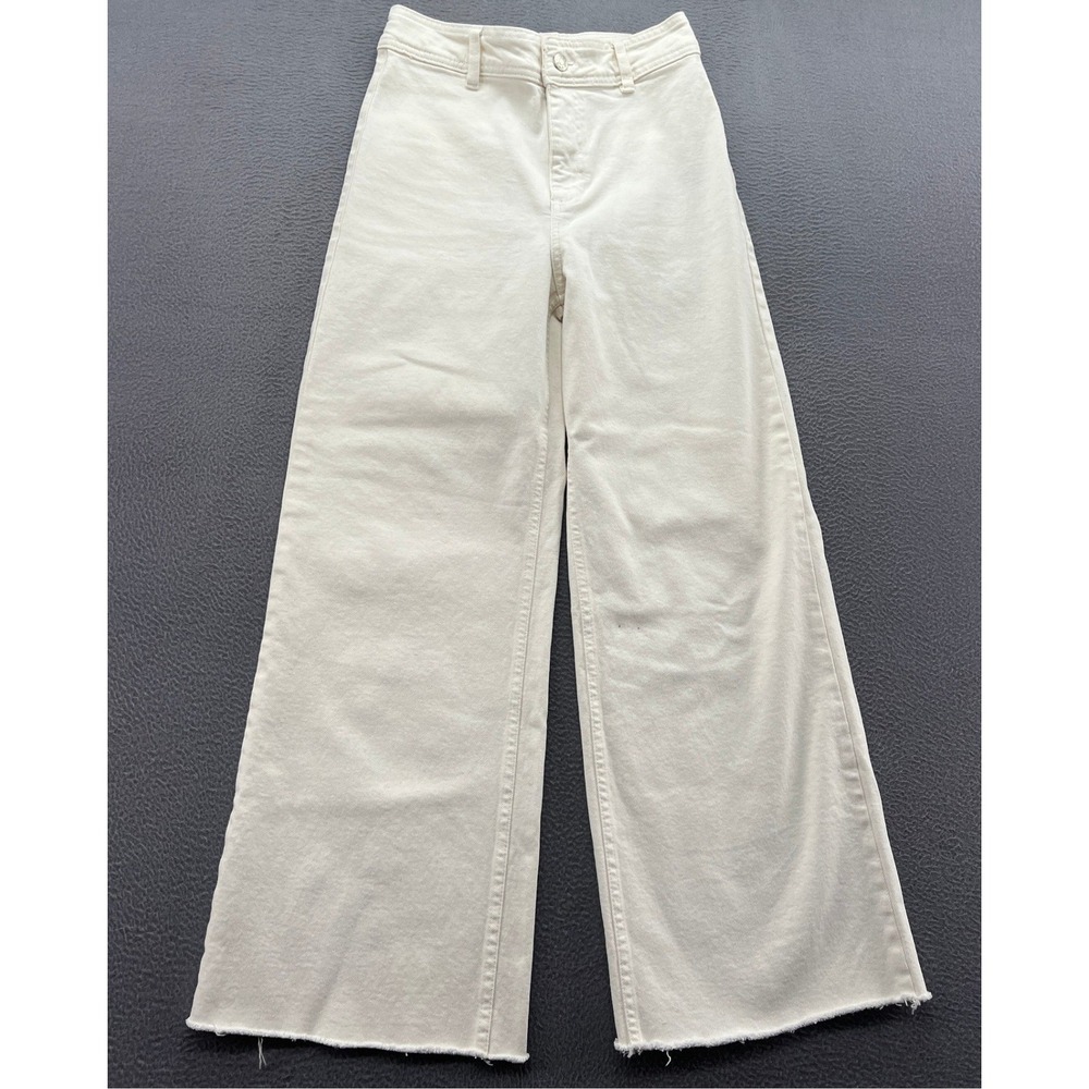 MNG By Mango Pants Womens 4 Cream High Waisted Wide Leg Raw Hem Denim Off White